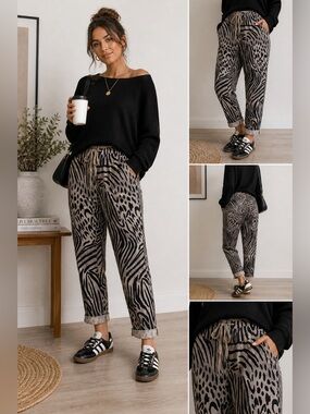 🔥 Gigi Moda Made in Italy Animal Print Jogger Pants – Zebra + Leopard Mix